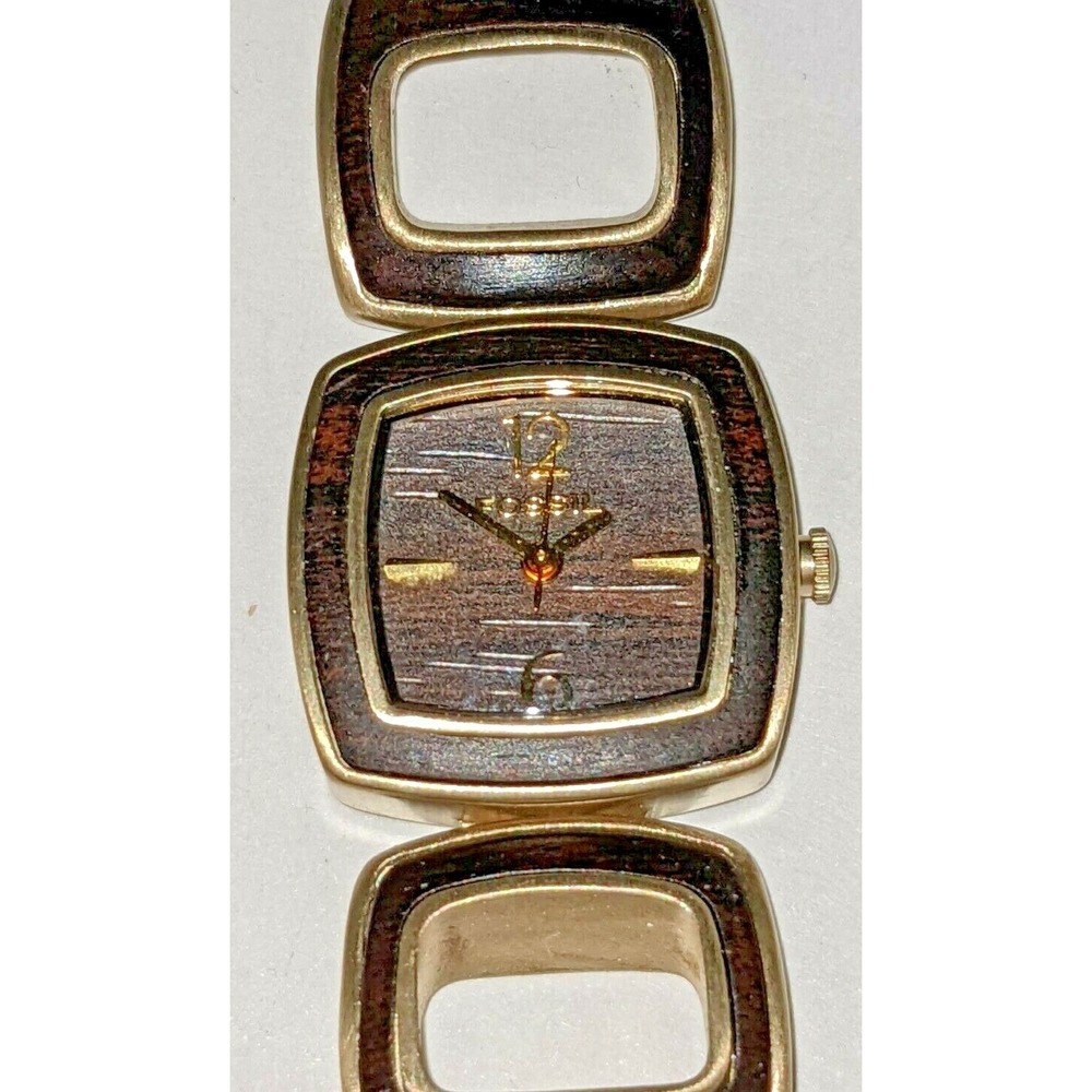 WOMEN'S FOSSIL QUARTZ WRIST WATCH DARK FAUX WOOD ACCENTS GOLD TONE TONED RARE